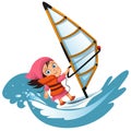 Cartoon little girl sailing in ocean wearing lifejacket