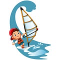 Cartoon little girl sailing in ocean wearing lifejacket