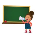 Cartoon of a little girl shouting by megaphone and announcing with blackboard Royalty Free Stock Photo