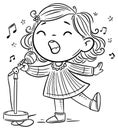 Cartoon little girl singing a song into a microphone while standing on stage. Outline vector illustration. Coloring book page for