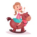 Cartoon little girl in skirt riding rocking horse Royalty Free Stock Photo