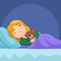 Cartoon little girl sleeping with stuffed bear