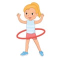 Cartoon little girl spins the hula hoop around the waist. Children\'s active games.Vector illustration