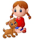 Cartoon little girl stroked the dog`s head Royalty Free Stock Photo