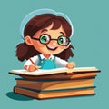 Cartoon little girl studying read book sitting on the desk and doing her homework Royalty Free Stock Photo