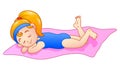 Cartoon little girl sunbathing on the towel Royalty Free Stock Photo