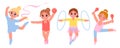 Cartoon little gymnast girls. Kids exercising with hoop, ball and clubs. Cute children having rhythmic gym workouts