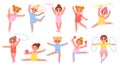 Cartoon little gymnast girls with ribbons, ball and hoop. Kids gymnastics class competition. Gym sport and acrobatics