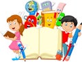 Cartoon little kid with Collection stationery waving Royalty Free Stock Photo