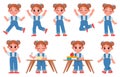 Cartoon little kid girl character poses and expressions. School child sit at table with books. Cute girls walk, run