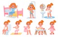 Cartoon little kid girl home daily routine. Cute child dress, shower, eat breakfast and exercise. Children morning Royalty Free Stock Photo