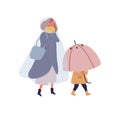 Cartoon little kid holding umbrella walking under rain with mother. Woman in raincoat going on street with child at Royalty Free Stock Photo