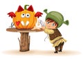 Cartoon little kid preparing for All Hallows Eve poster. Cheerful child dressed in costume of shrek making Halloween