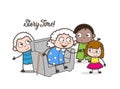 Cartoon Little Kids Playing with Old Woman in Old Age Home Vector Graphic