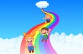 Cartoon little kids playing slide rainbow