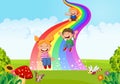 Cartoon little kids playing slide rainbow in the jungle Royalty Free Stock Photo