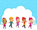 Cartoon little kids on the winter background