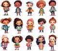 Cartoon little multiethnic children, characters standing, whole body, full height, schoolboys and schoolgirls with backpacks,