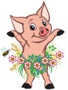 Cartoon little pig wearing skirt of flowers