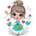 Cartoon Little Princess in a blue dress on a white background Royalty Free Stock Photo