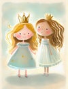 Cartoon little princesses with golden crown. Illustration for children\'s book. Generative AI