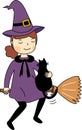 Little purple witch holds her black cat and rides on the bloom Royalty Free Stock Photo