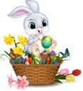 Cartoon little rabbit painting an Easter egg