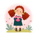 Cartoon of little red curly hair girl hugging heart shaped. Self love, self care, positive, happiness concept Royalty Free Stock Photo