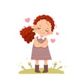 Cartoon of little red curly hair girl hugging herself. Love yourself concept Royalty Free Stock Photo