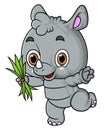 Cartoon little rhino holding grass on white background