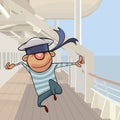 Cartoon little sailor fun jumping on deck of ship