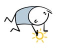 Cartoon little stickman boy bent down and draws the sun on the asphalt with yellow chalk. Vector illustration of funny