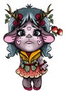 Cartoon little troll with horns and round ears, sad girl with big tear-stained eyes and cheeks-hearts, isolated character