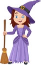 Cartoon little witch holding broomstick
