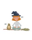 Cartoon Little witch in meditation on a broom with friend frog. Cute character illustation as print design and postcard. Raster is Royalty Free Stock Photo