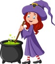 Cartoon little witch preparing potion