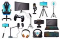 Cartoon live streaming and gaming accessories, gamer equipment. Microphone, headset, monitor, lighting, web camera