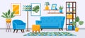 Cartoon living room interior. Apartment living room with modern furniture, sofa, armchair, bookshelf and plants vector