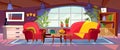 Cartoon living room interior view. Empty colorful room design with sofa, armchair, coffee table, bookshelves and plants. Vector Royalty Free Stock Photo