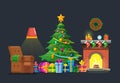 Cartoon living room with xmas tree and fireplace. Christmas holiday vector flat concept Royalty Free Stock Photo