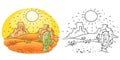 Cartoon lizard and cactus in the desert, cartoon drawing, both colored and black and white