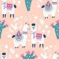 Cartoon Llama Alpaca Seamless Pattern. Hand Drawn Elements Royalty Free Stock Photo