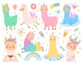 Cartoon llama unicorn. Happy magic color llamas unicorns, fluffy pink alpaca fur vector illustration set. Cute exotic Royalty Free Stock Photo