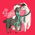 Cartoon llamas in love. Valentine day cute, adorable and funny card