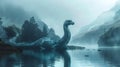 Cartoon Loch Ness monster swimming on a lake. AI generated.