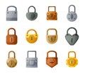 Cartoon lock. Golden and silver metal vintage or modern padlock. Data encryption and safety concept. Isolated iron