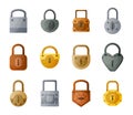 Cartoon lock. Golden and silver metal vintage or modern padlock. Data encryption and safety concept. Isolated iron interlock Royalty Free Stock Photo