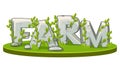 Cartoon logo farm from stone on island isometric with grass.