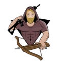 Cartoon logo of a fighter with gun and crossbow