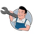 Funny cartoon logo of a mechanic in a badge Royalty Free Stock Photo